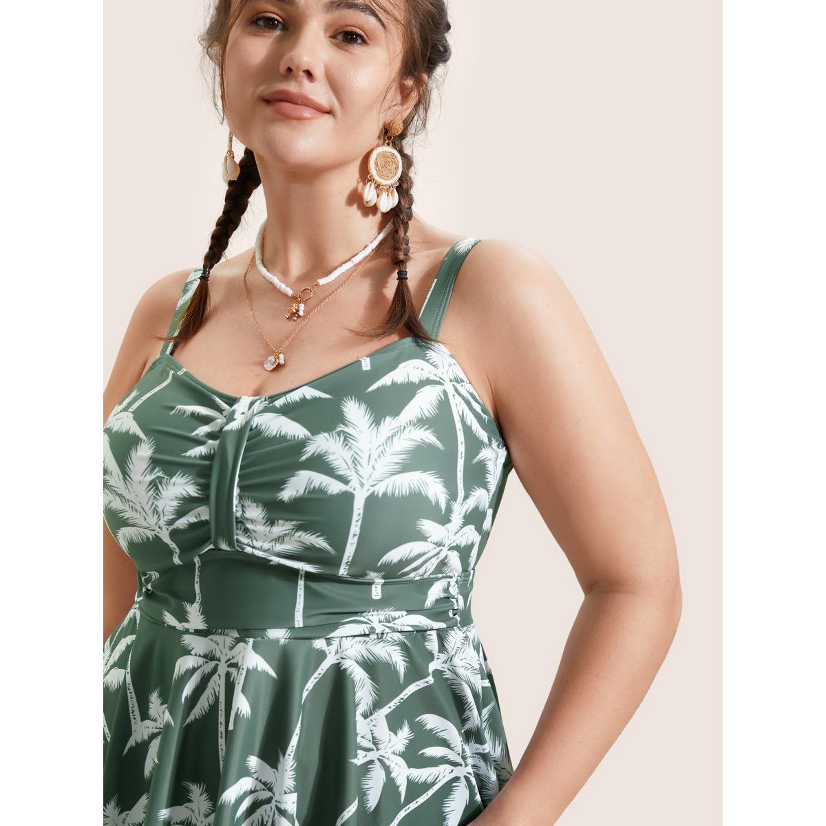 Plus Size Tropical Coconut Tree Ruched Swim Dress Women's Swimwear ArmyGreen Beach Bodycon Heart neckline High stretch Curve Swim Dresses BloomChic 30/6X Product Image