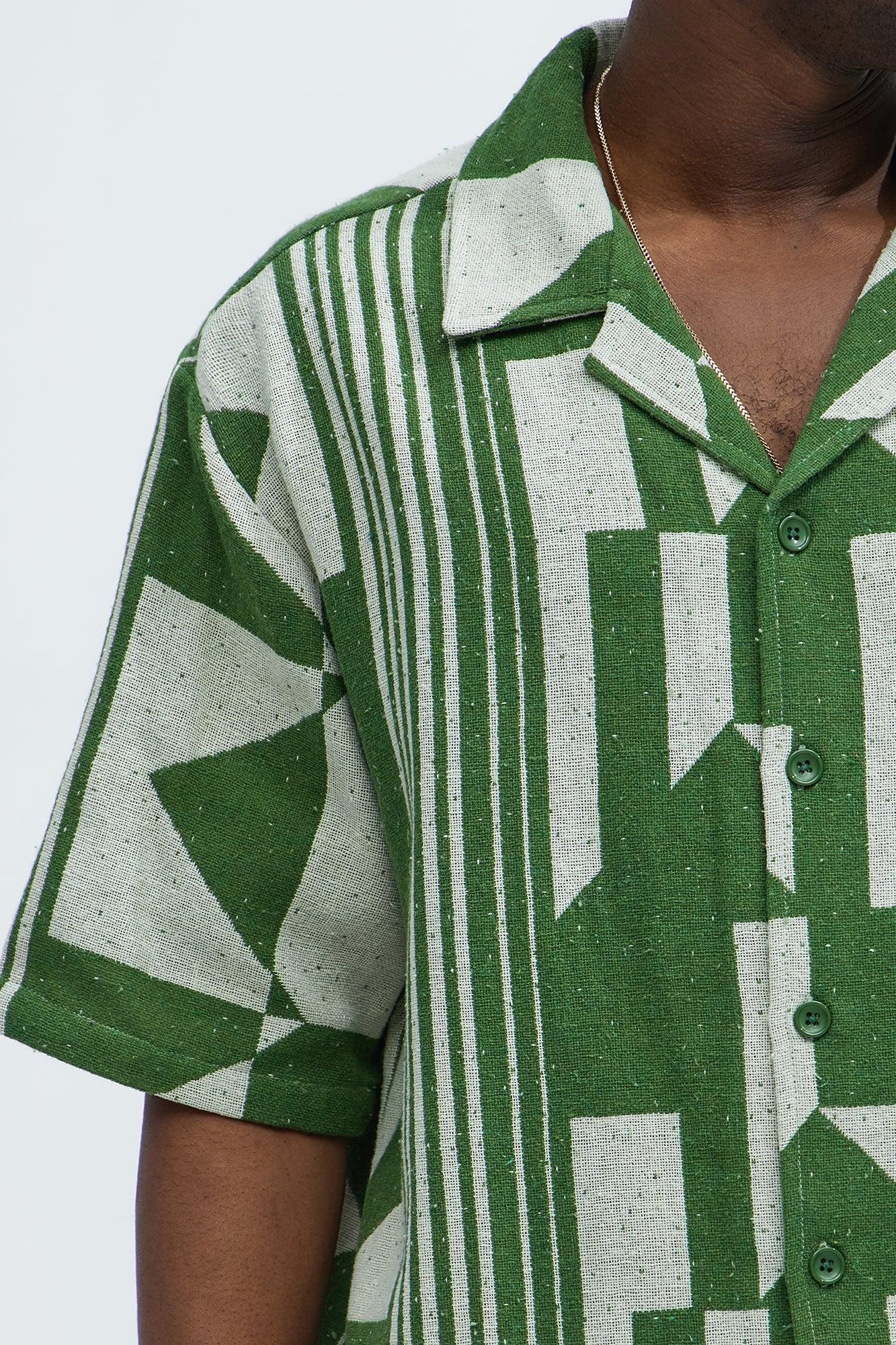 Abstract Cuban Collar Button Down Shirt - Olive/combo Product Image