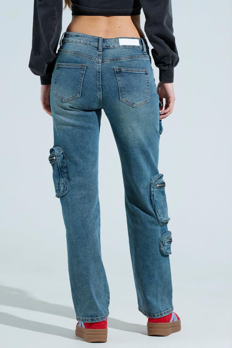ALL OVER POCKET DETAIL RELAXED FIT JEANS IN MEDIUM BLUE DENIM Product Image
