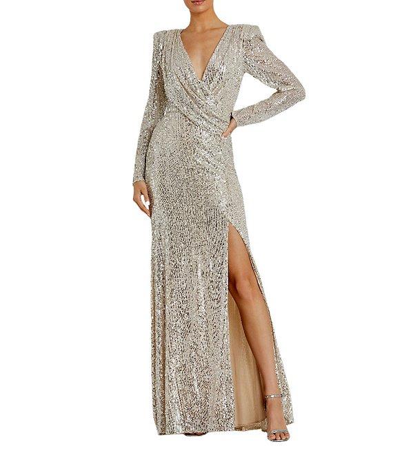 Mac Duggal Sequin Wrap Surplice V-Neck Long Sleeve Thigh High Slit Sheath Gown Product Image