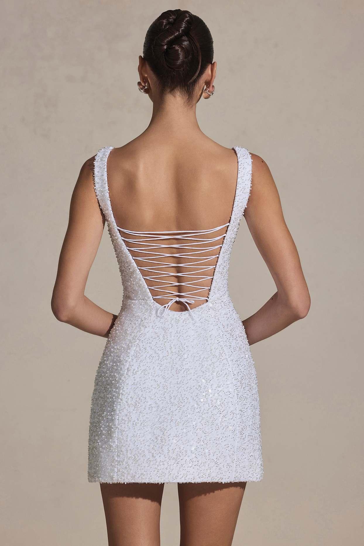 Embellished Structured A-Line Mini Dress in White Product Image