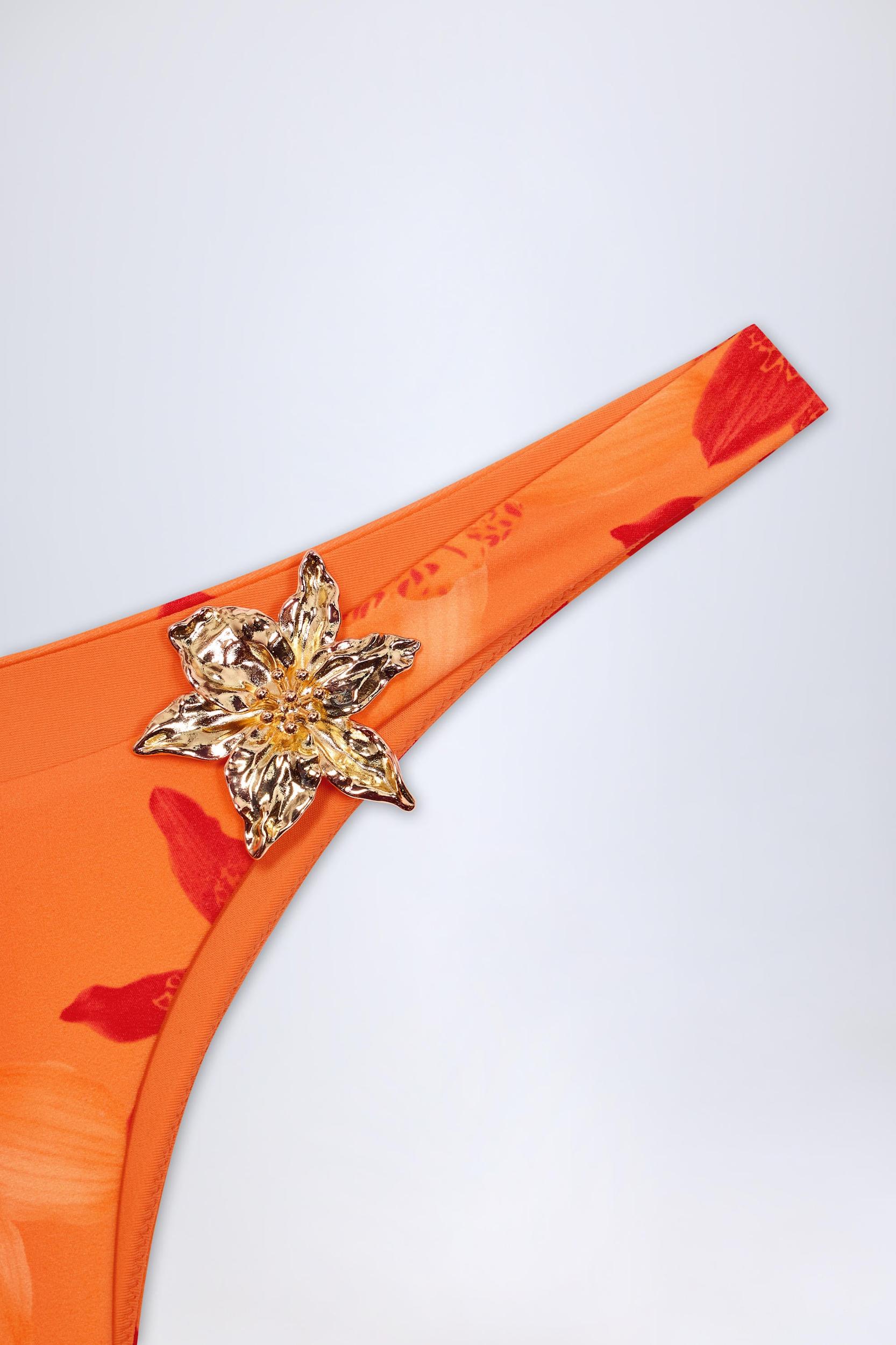 Hardware-Detail Cheeky Bikini Bottoms in Orange Orchid Print Product Image