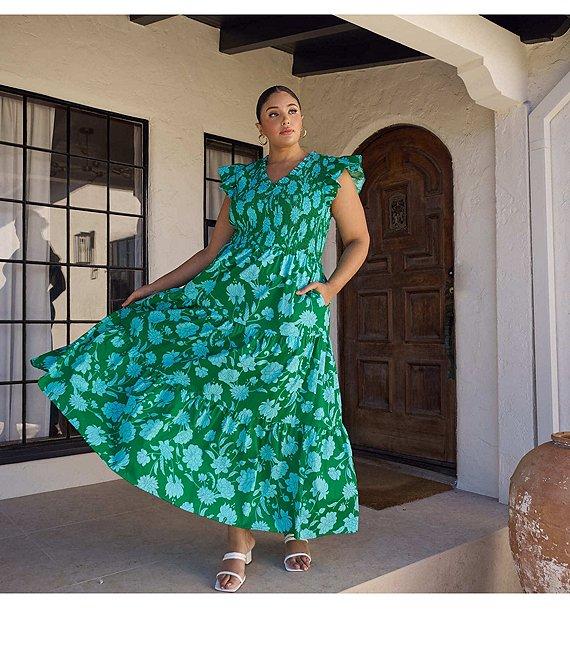 Sugarlips Plus Size Tropical Floral Print V-Neck Ruffle Cap Sleeve Smocked Bodice Tiered Long Dress Product Image