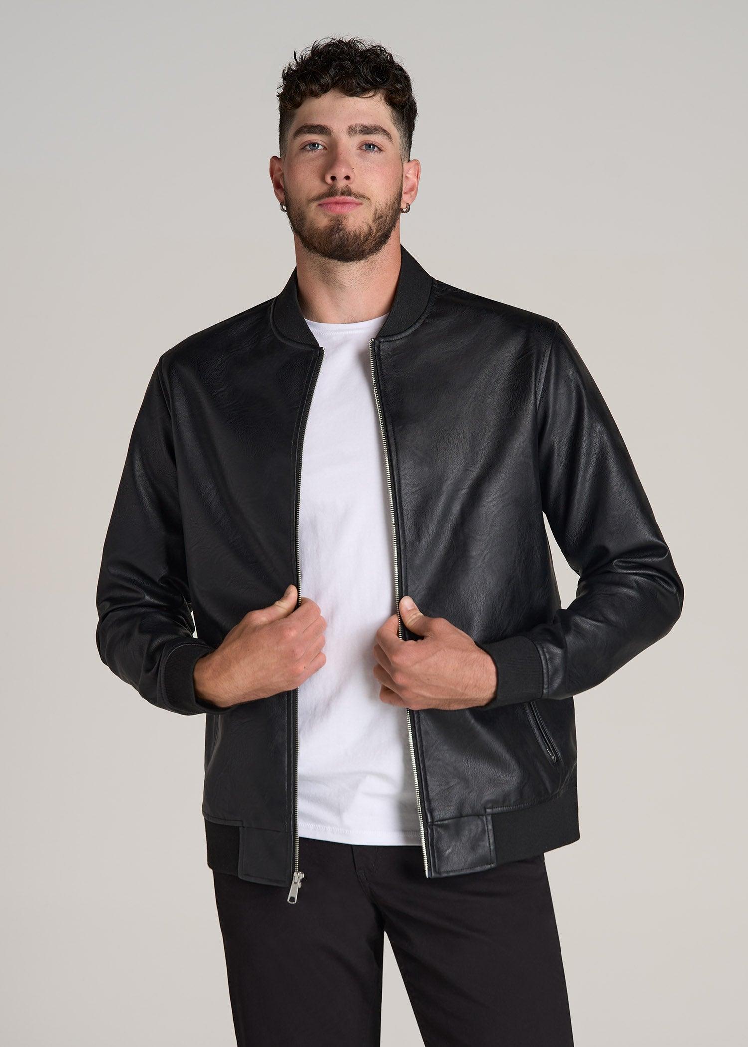 True Touch Leather Bomber Jacket for Tall Men in Black Male Product Image