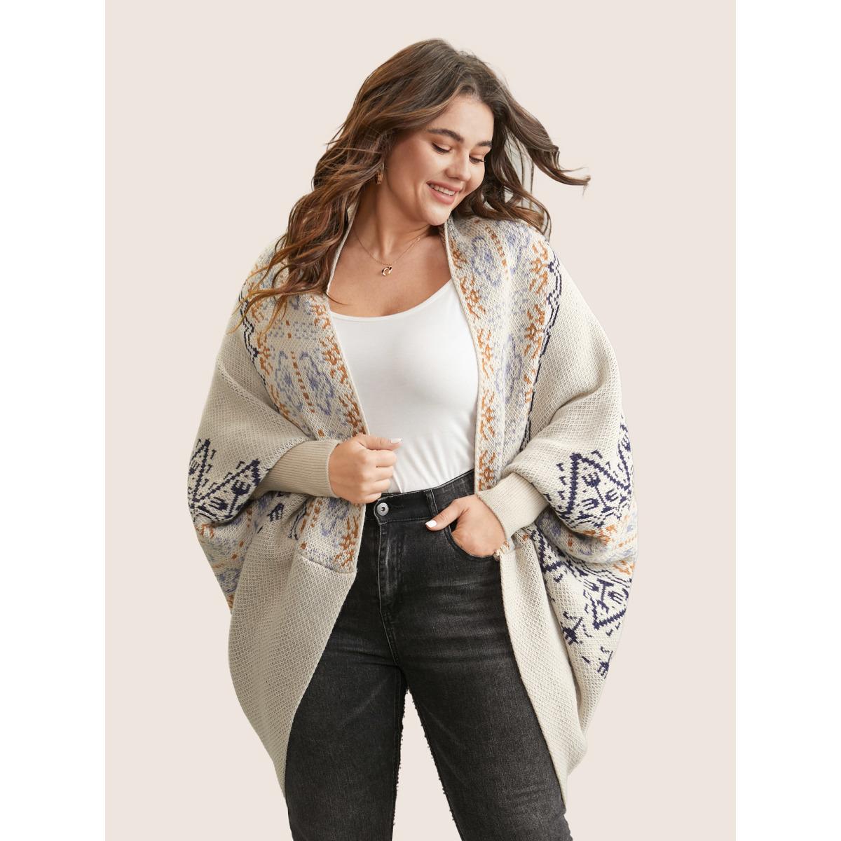 Plus Size Boho Print Dolman Sleeve Jacquard Cardigan Beige Women Casual Loose Long Sleeve Everyday Cardigans BloomChic 12/L Product Image