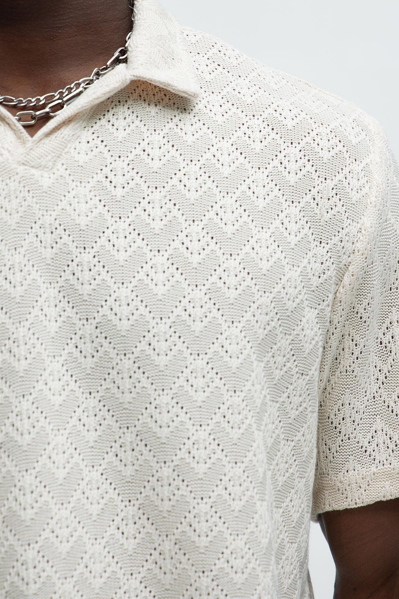 Diamond Shape Knit Johnny Collar Shirt - Cream Product Image