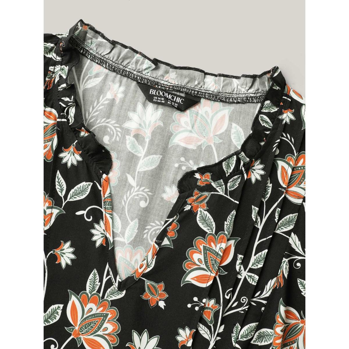 Plus Size Multicolor Floral Toothpick Pleats Flowy Blouse Women Elbow-length sleeve Notched collar Vacation Blouses BloomChic 26/4X Product Image