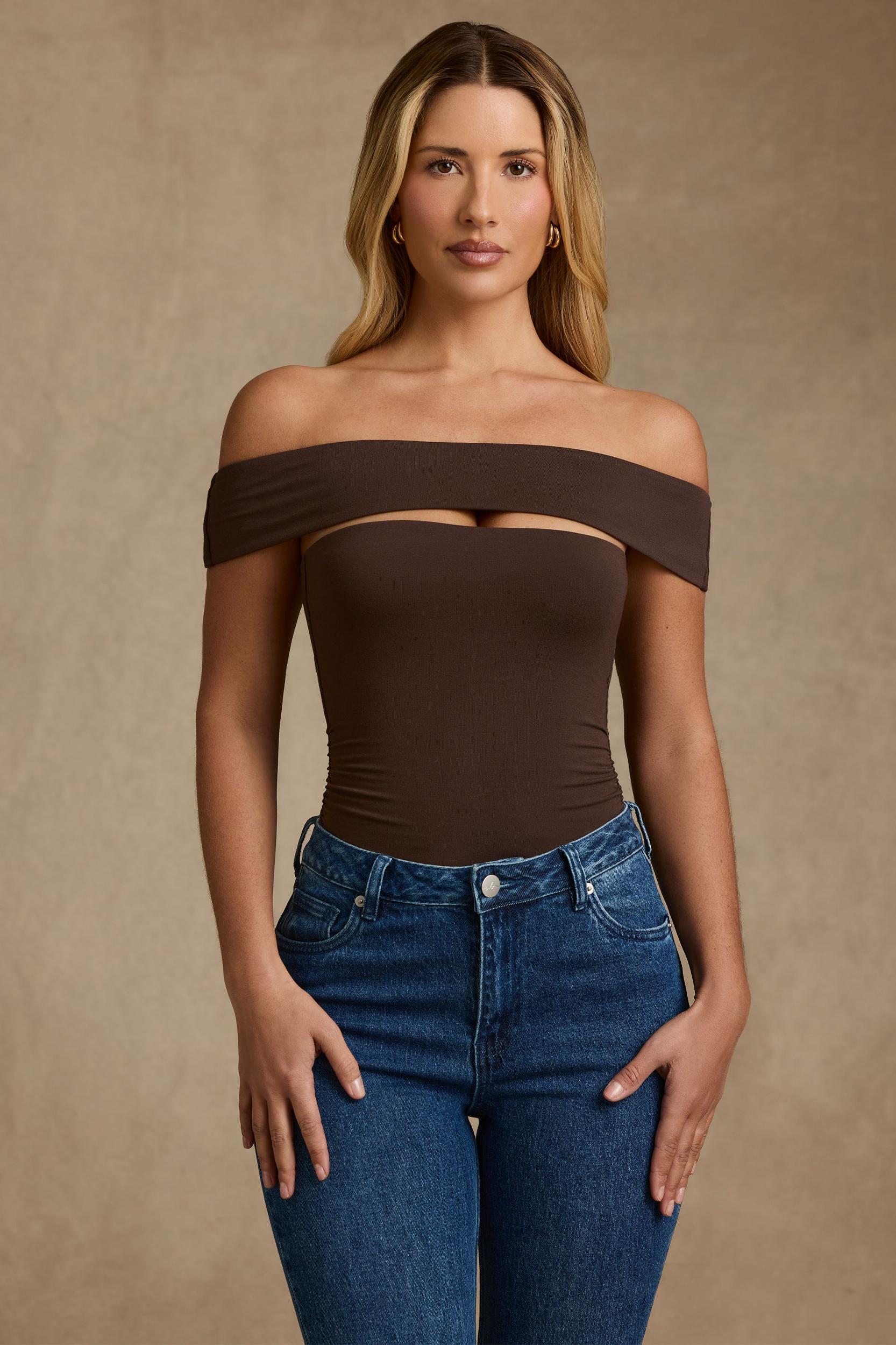 Modal Cut-Out Off-Shoulder Bodysuit in Chocolate Brown Female Product Image