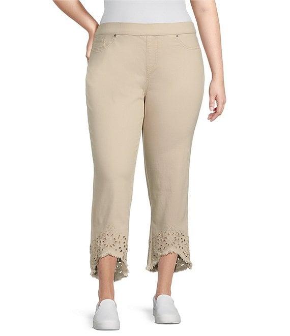 Intro Plus Size Size Straight Leg Tulip Eyelet Embroidered Frayed Hem Pull-On Ankle Pants Product Image