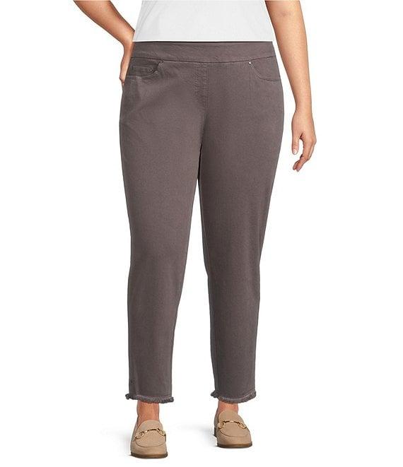 Multiples Plus Size Solid Garment Dyed Straight Leg Fringe Hem Pull-On Ankle Pants Product Image