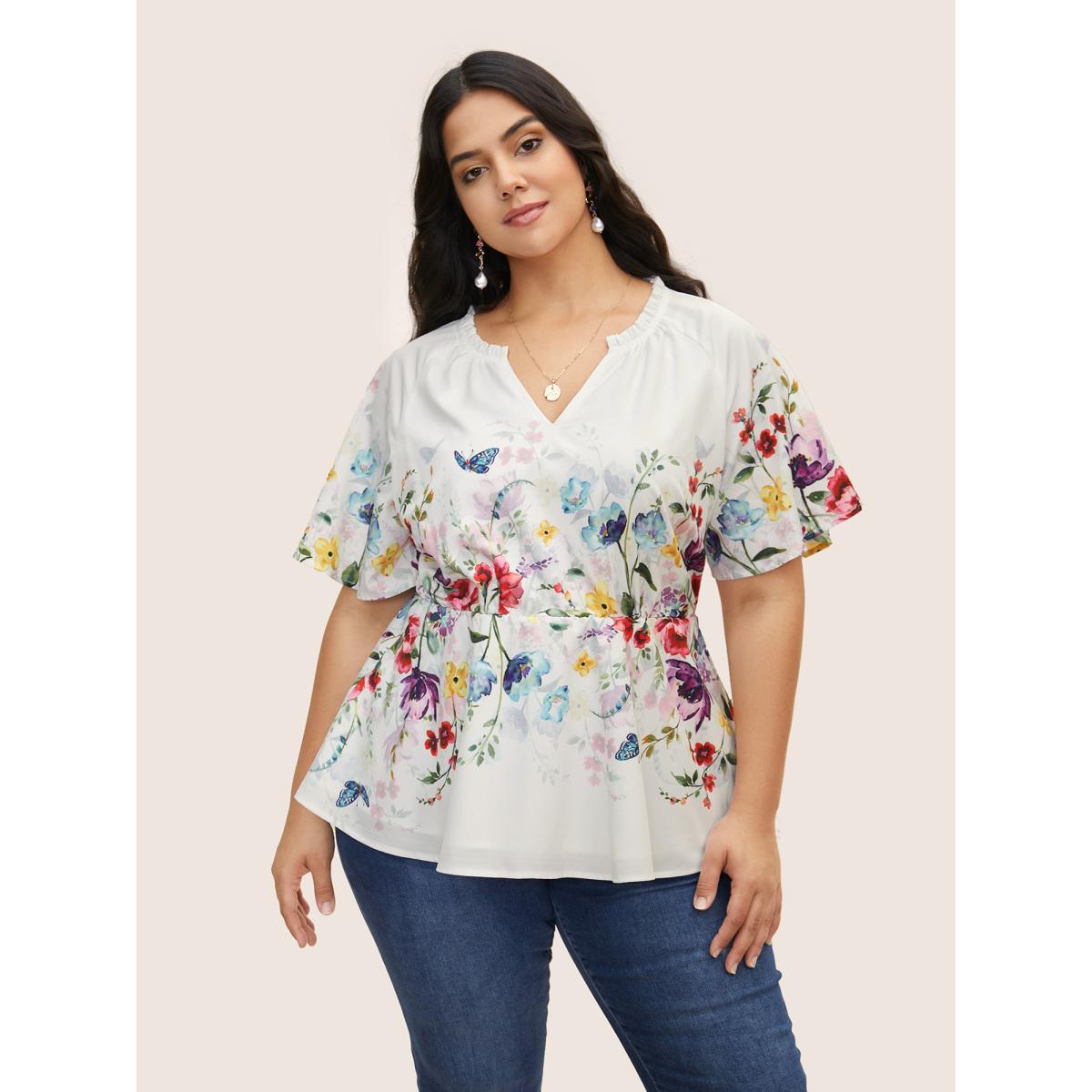 Plus Size Multicolor Floral Flat Collar With V Notch Frill Trim Blouse Women Timeless Short sleeve Flat collar with V-notch Elegant Blouses BloomChic 22-24/3X Product Image