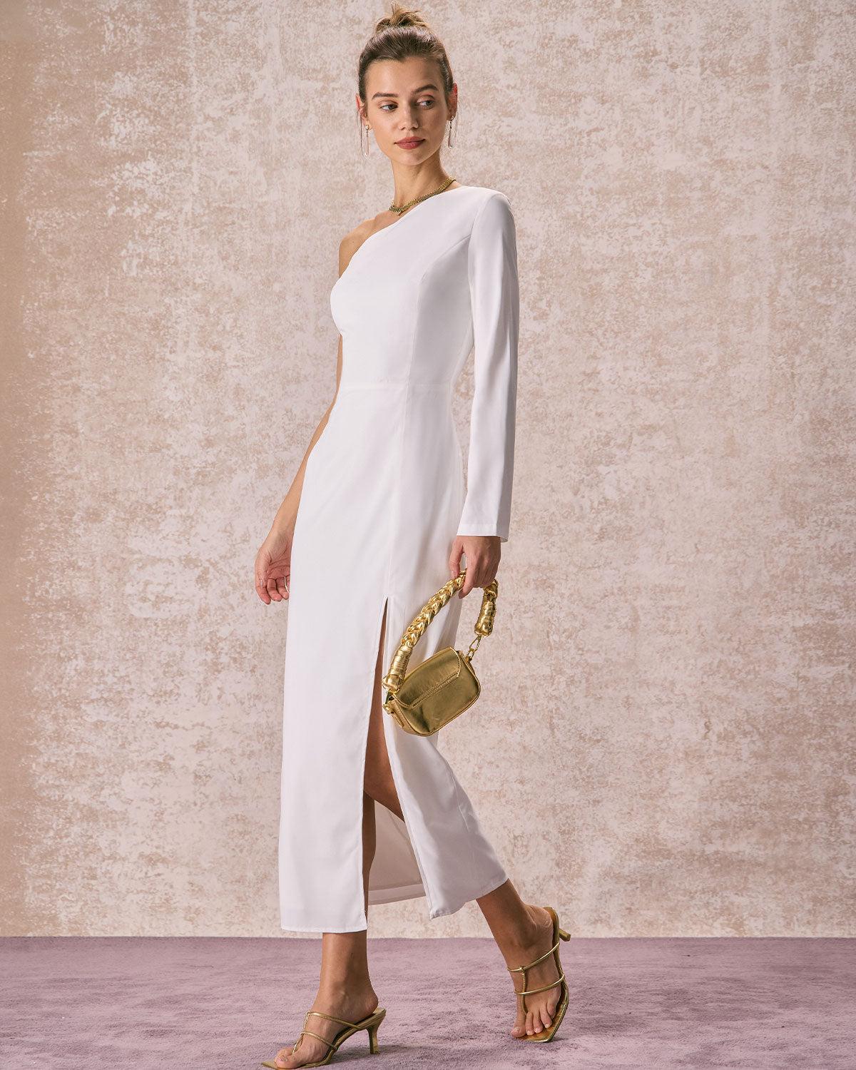 The White One Shoulder Slit Maxi Dress Product Image