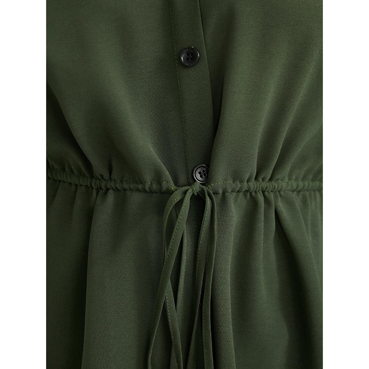 Plus Size ArmyGreen Solid Roll Sleeve Button Down Drawstring Blouse Women Office Long Sleeve V-neck Work Blouses BloomChic 18-20/2X Product Image