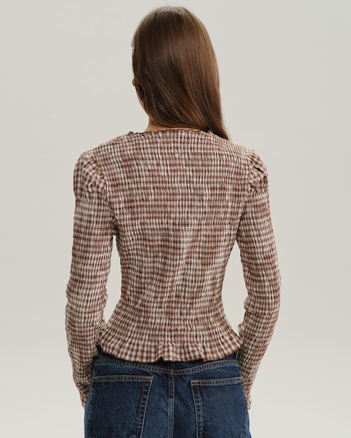 Brown Plaid Shirred Poet Sleeve Blouse Product Image
