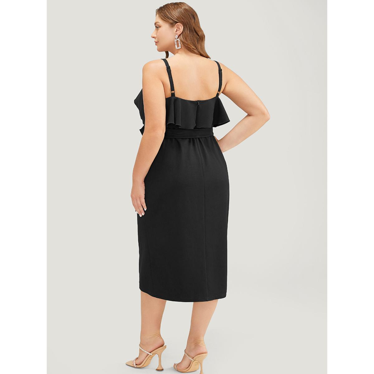 Plus Size Solid Ruffle Trim Belt Pleated Detail Bodycon Cami Dress Black Women Glamour Adjustable Straps Spaghetti Strap Sleeveless Curvy Midi Dress BloomChic 18-20/2X Product Image
