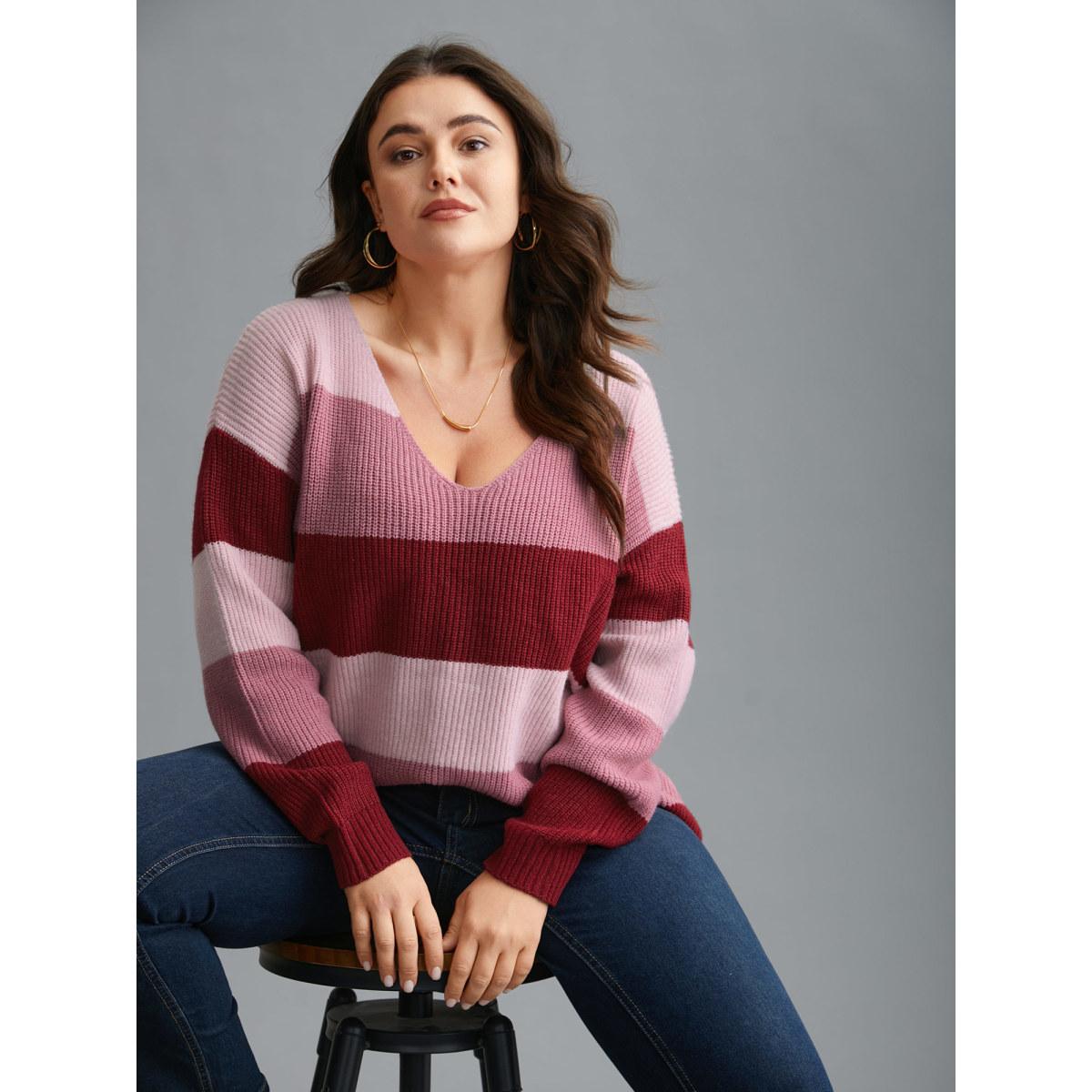 Plus Size Supersoft Essentials Color Block Drop Shoulder Pullover RedViolet Women Casual Loose Long Sleeve V-neck Everyday Pullovers BloomChic 18-20/2X Product Image