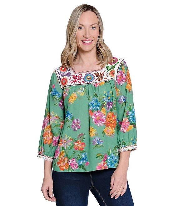 John Mark Embroidered Floral Print Square Neck 3/4 Sleeve Peasant Top Product Image