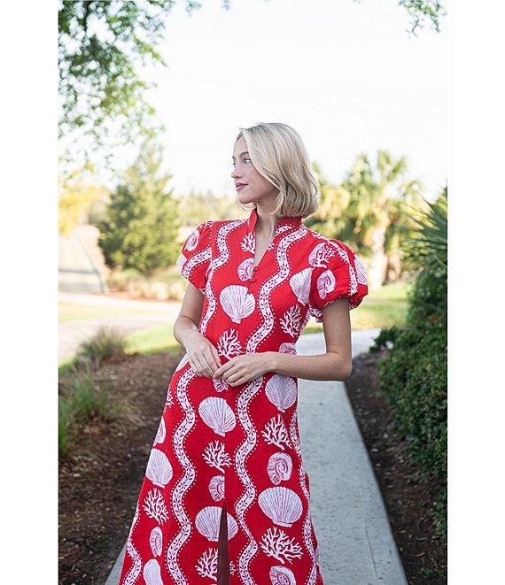 SAIL to SABLE Sea Stripe Print Mandarin Collar Short Puff Sleeve Midi Dress Product Image