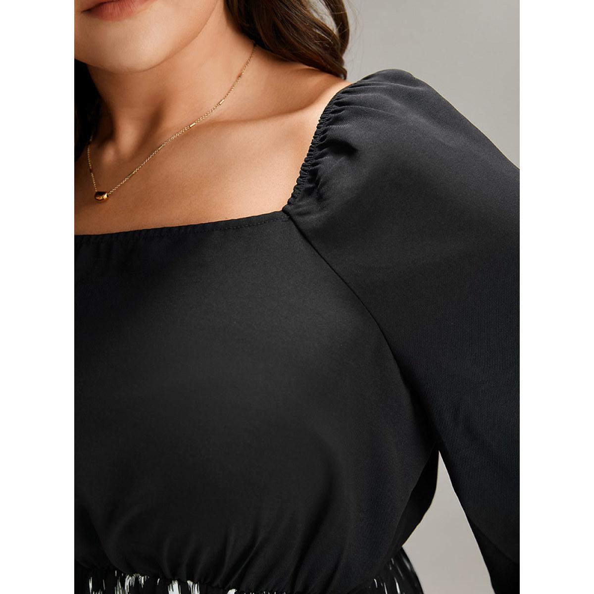 Plus Size Square Neck Brush Print Patchwork Split Hem Dress BlackFlower Women At the Office Elastic cuffs Square Neck Half Sleeve Curvy Midi Dress BloomChic 22-24/3X Product Image