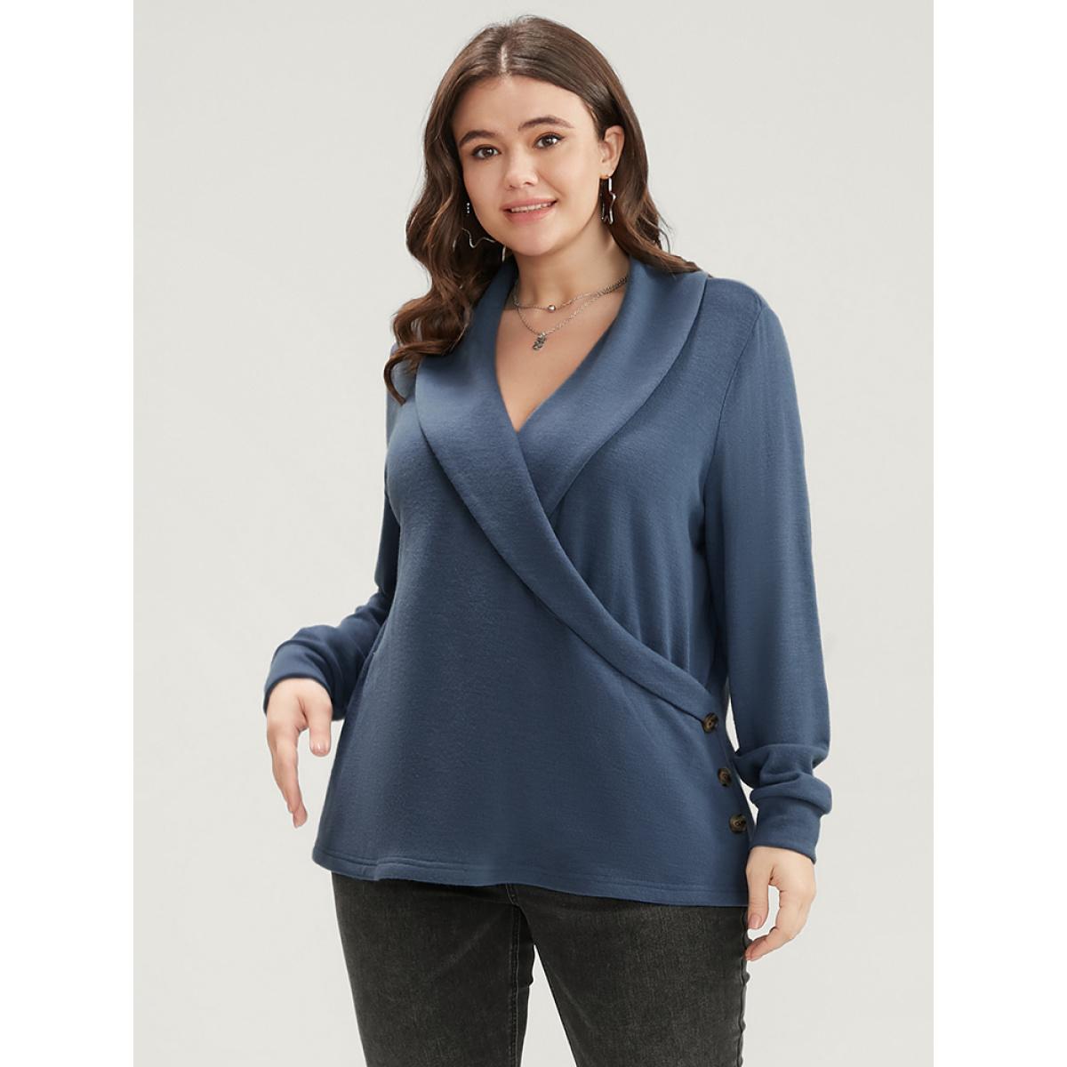 Plus Size Solid Button Detail Lapel Collar Sweatshirt Women Stone Office Wrap Lapel Collar Dailywear Sweatshirts BloomChic 18-20/2X Product Image