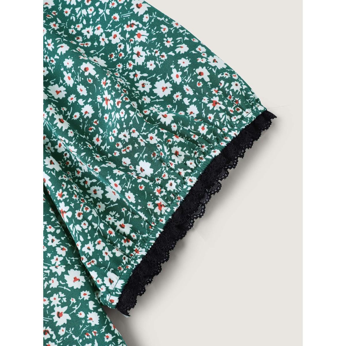 Plus Size DarkGreen Ditsy Floral Print Lace Trim Blouse Women Timeless Short sleeve V-neck Elegant Blouses BloomChic 14-16/1X Product Image