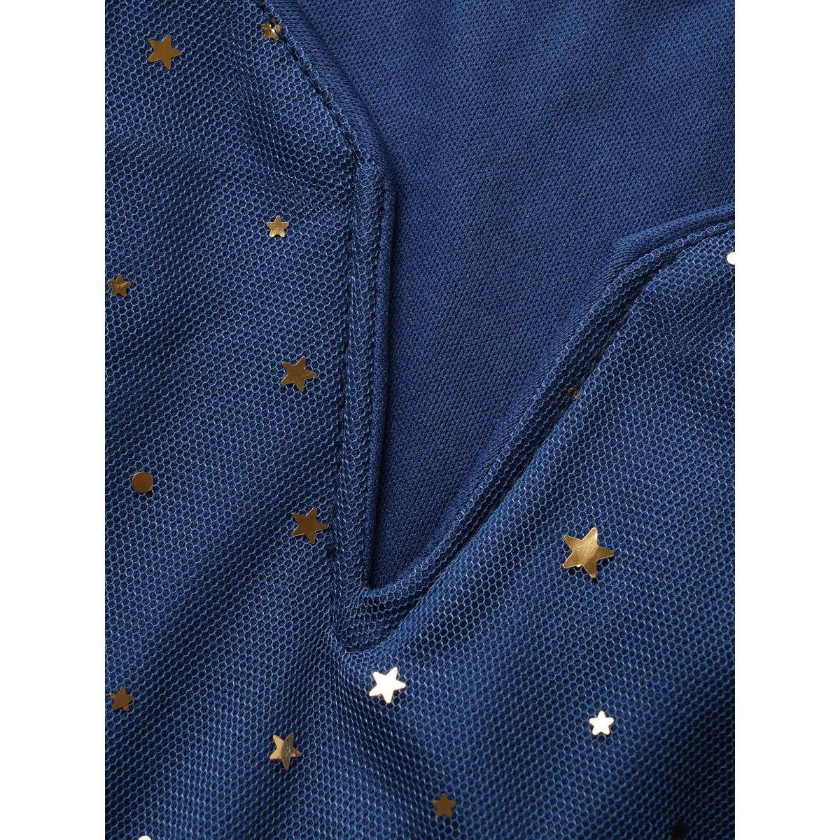 Plus Size Moon & Star Sequin Layered Hem Notched Cami Dress DarkBlue Women Cocktail Non Notched collar Sleeveless Curvy Midi Dress BloomChic 22-24/3X Product Image