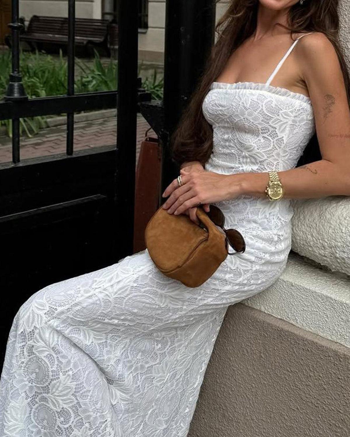 White Lace Bodycon Slip Maxi Dress Product Image