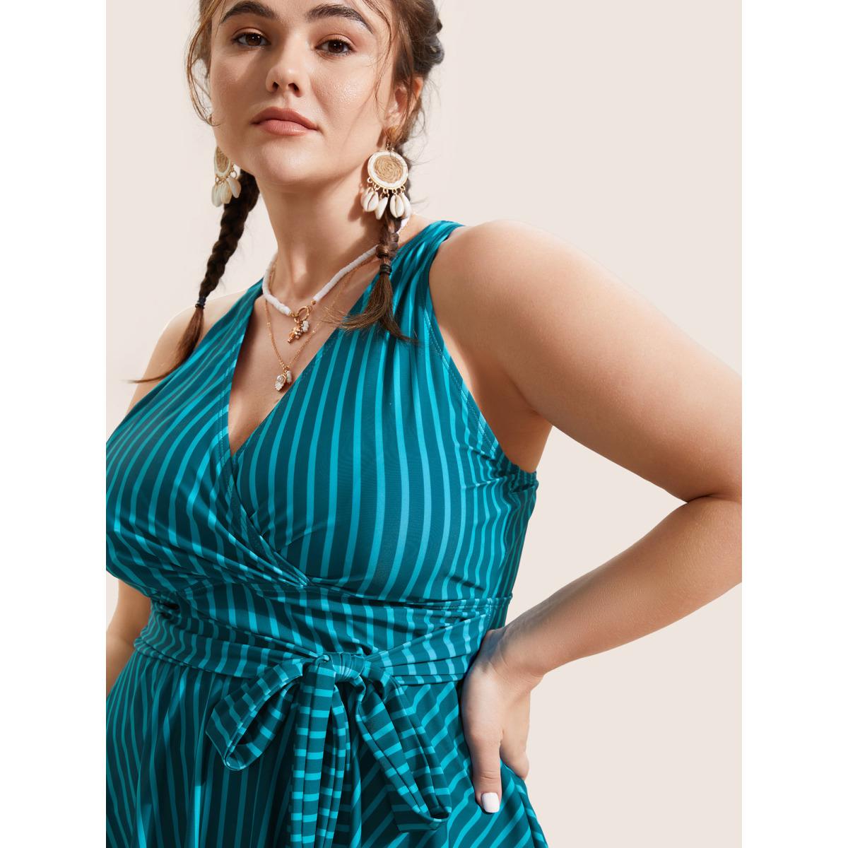 Plus Size Overlap Collar Striped Tie Knot Swim Dress Women's Swimwear Cyan Beach Bodycon Overlap Collar High stretch Curve Swim Dresses BloomChic 30/6X Product Image