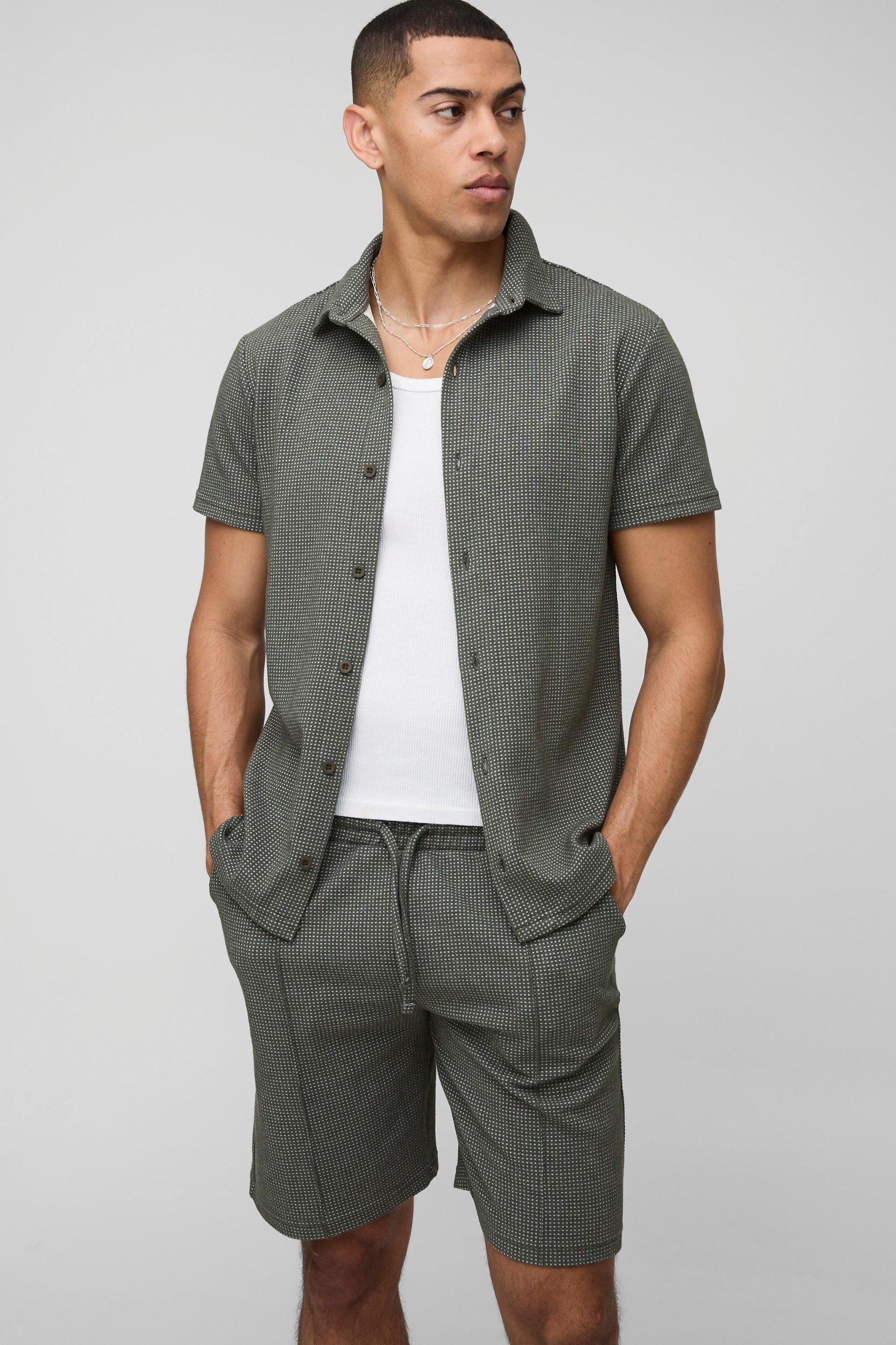 Slim Short Sleeve Collared Shirt & Comfort Pintuck Short | boohooMAN USA Product Image