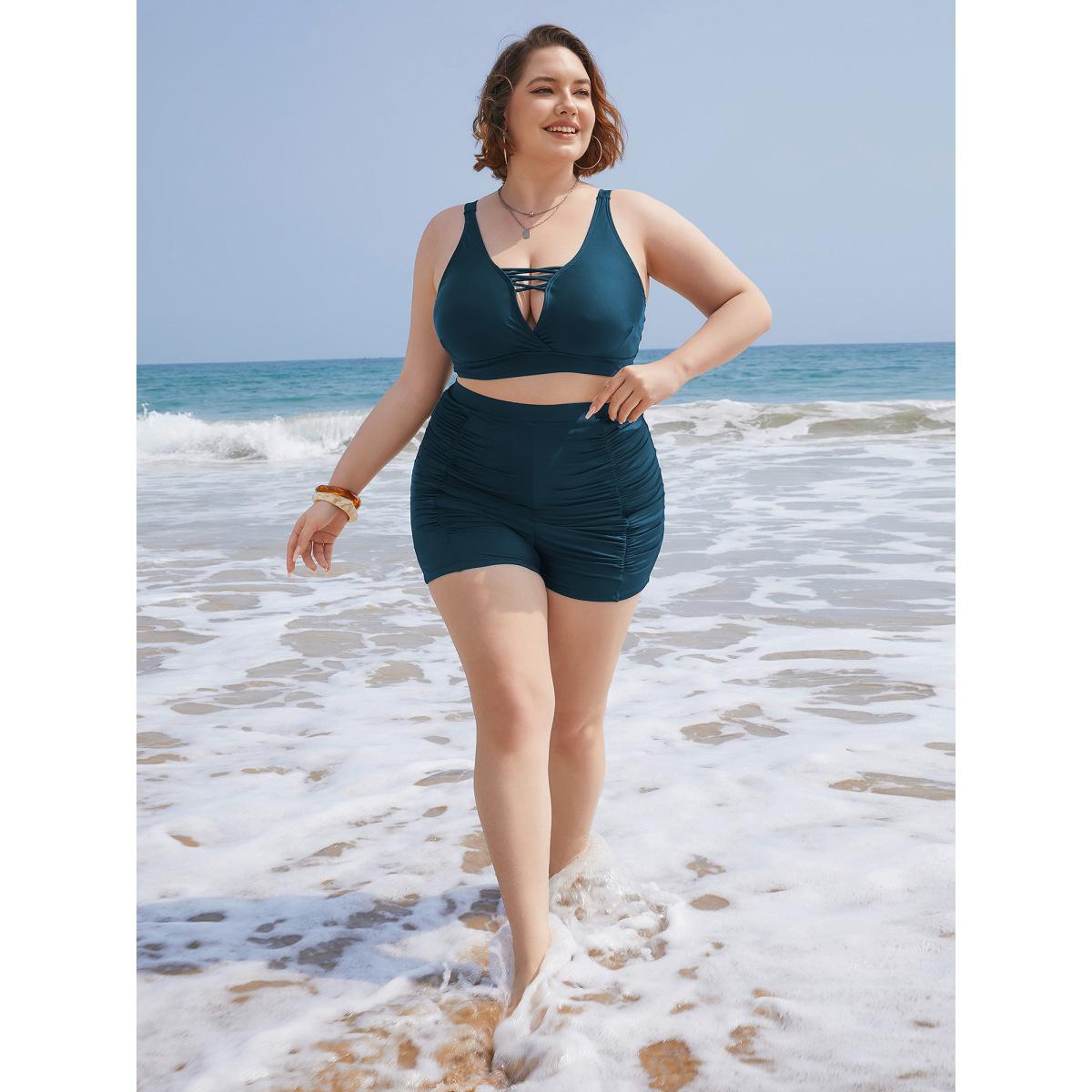 Plus Size Solid High Waist Ruched Detail Swim Shorts Women's Swimwear Cyan Beach Gathered High stretch Skinny High Rise Curve Swim Bottoms BloomChic 10/M Product Image