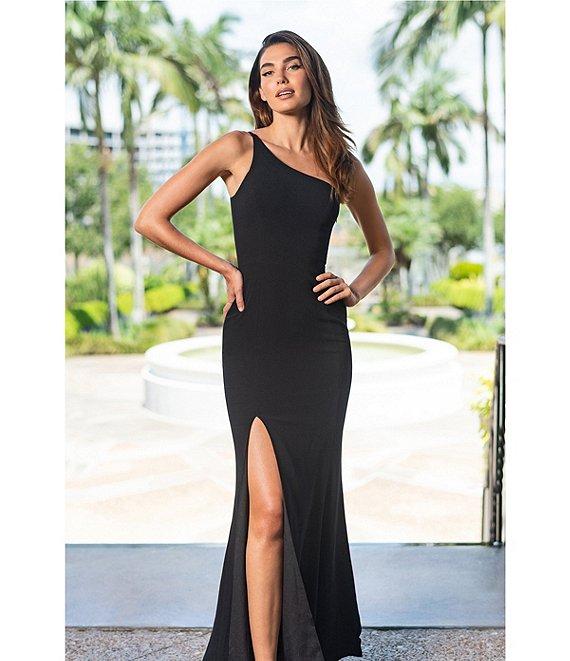 Dress the Population Amy Asymmetrical One Shoulder Neck Front Slit Sleeveless Gown Product Image