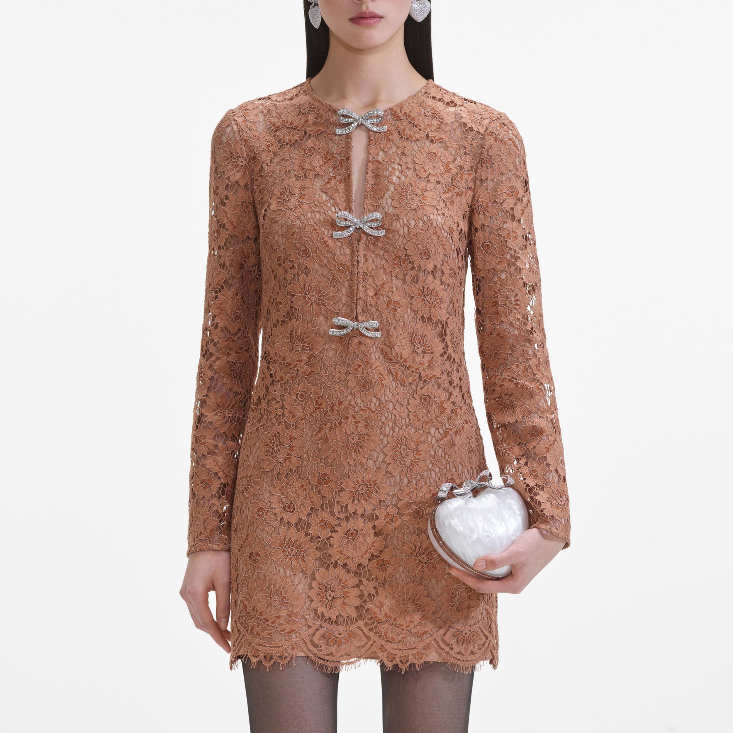 Tan Lace Bow Mini Dress Product Image