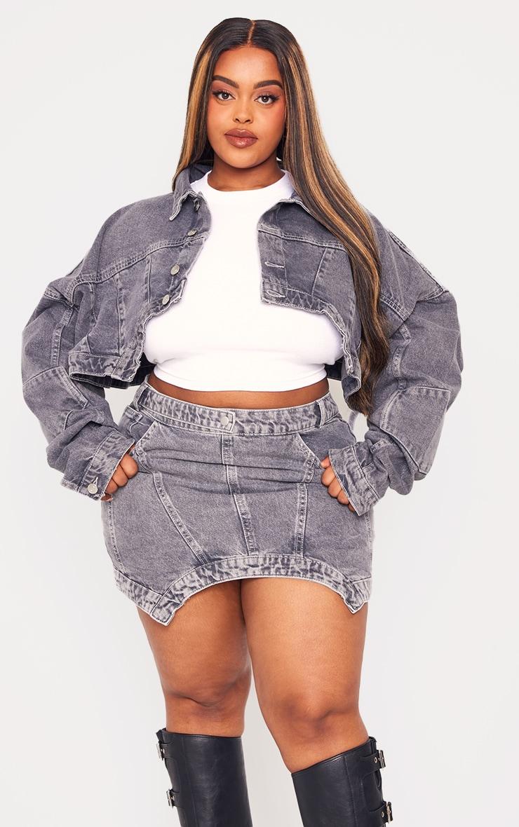 Plus Grey Washed Curved Hem Denim Mini Skirt Product Image