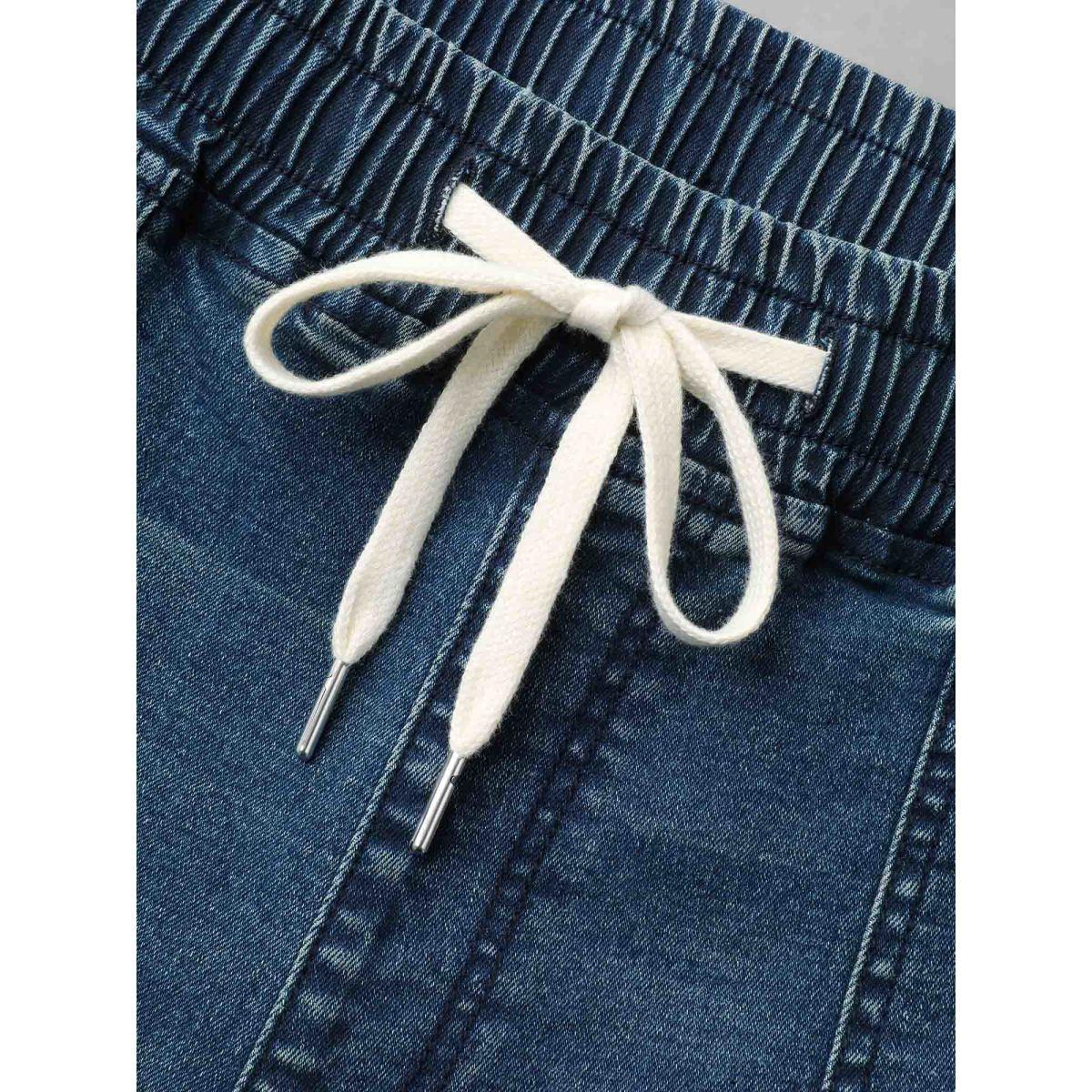 Plus Size Drawstring Stretchy Waist Pocket Jeans Women Denimindigo Casual Drawstring Medium stretch Slanted pocket Jeans BloomChic 18/2X Product Image