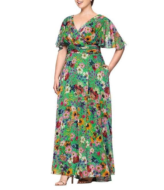 Betsy & Adam Plus Size V-Neck Short Flutter Sleeve Floral Chiffon Dress Product Image