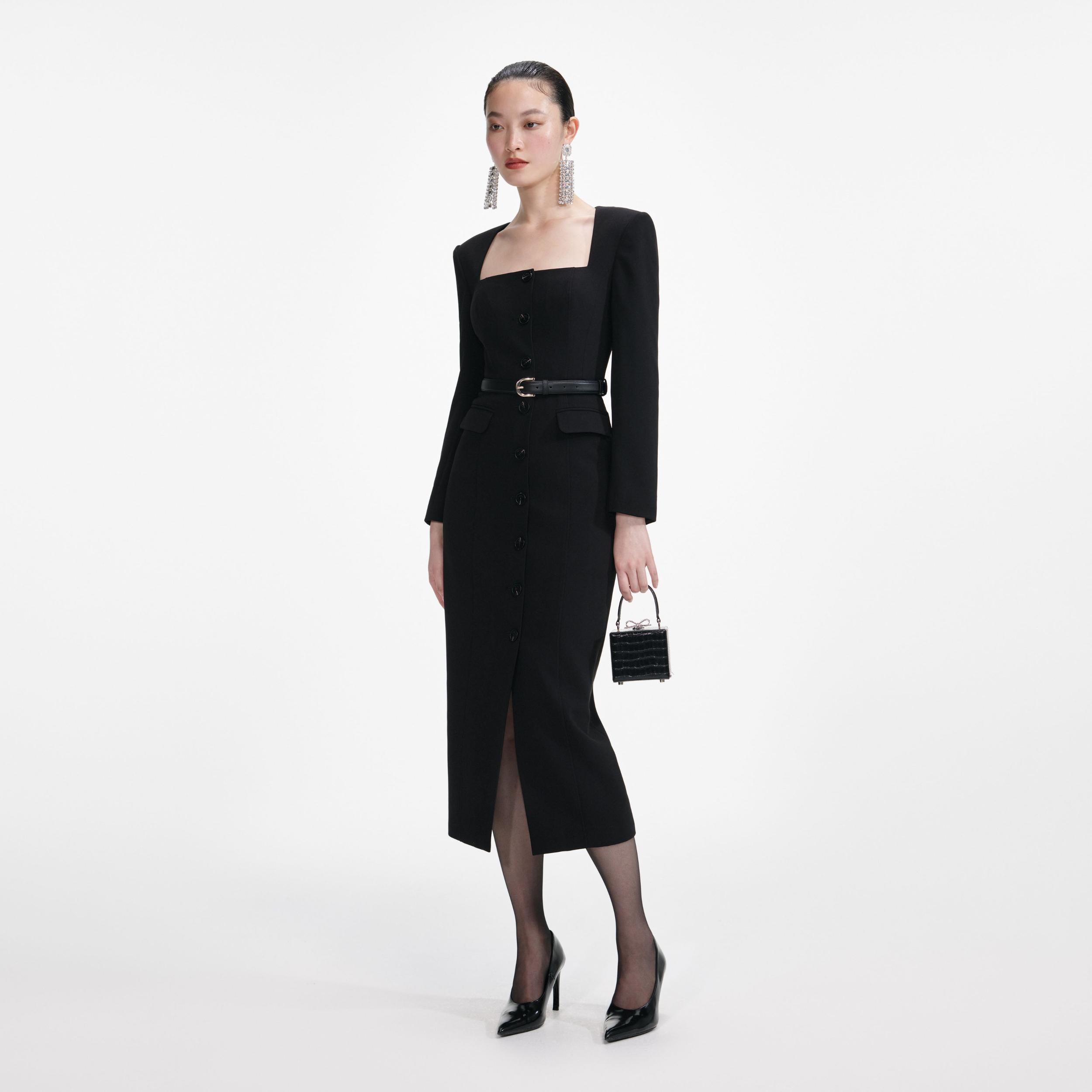 Black Tailored Crepe Midi Dress Product Image