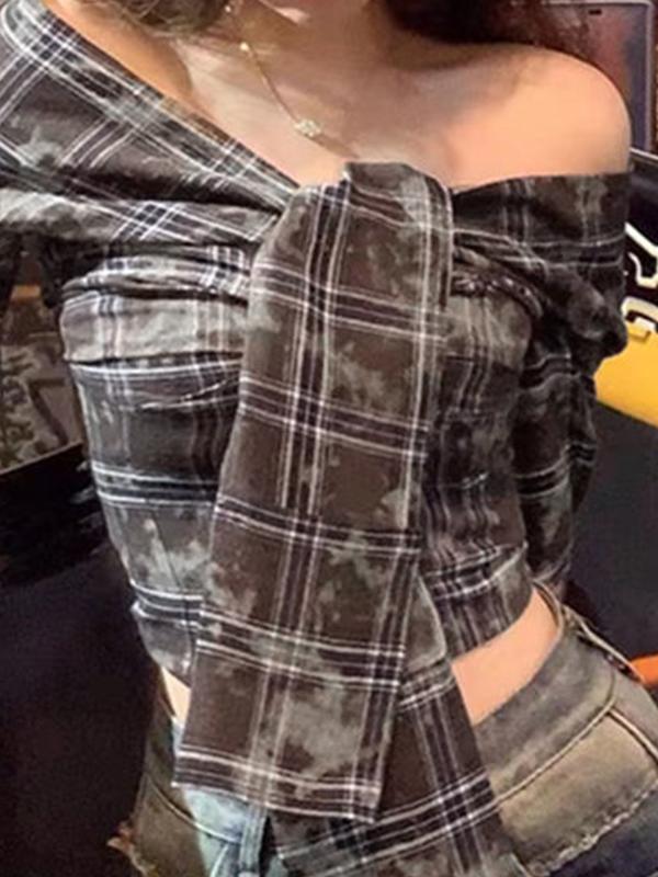 Vintage Plaid Tie Dye Off Shoulder Long Sleeve Blouse Product Image