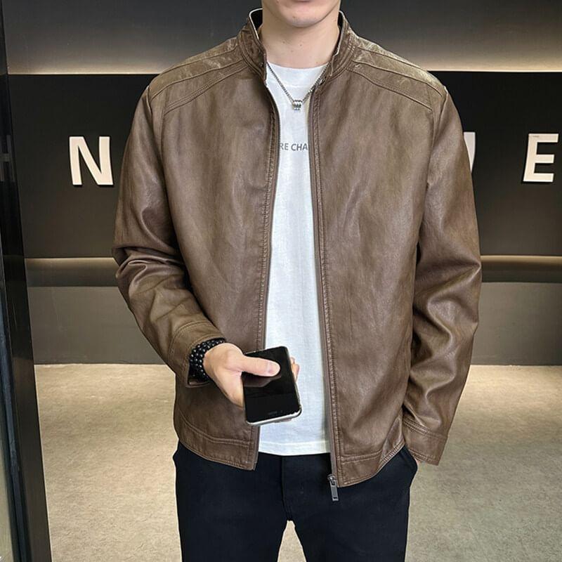 Faux Leather Zip-Up Jacket Product Image