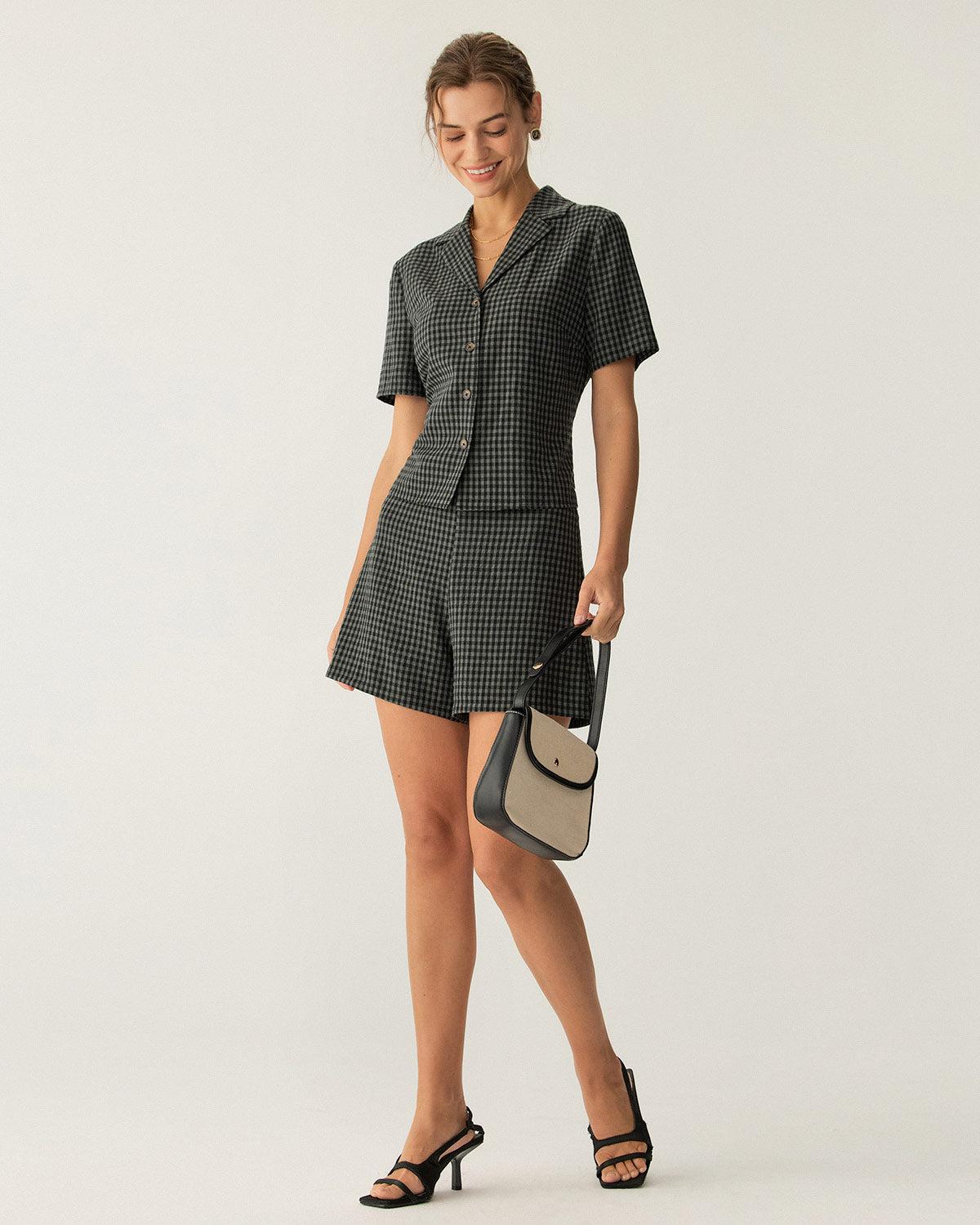 Grey Lapel Plaid Short Sleeve Blouse Product Image