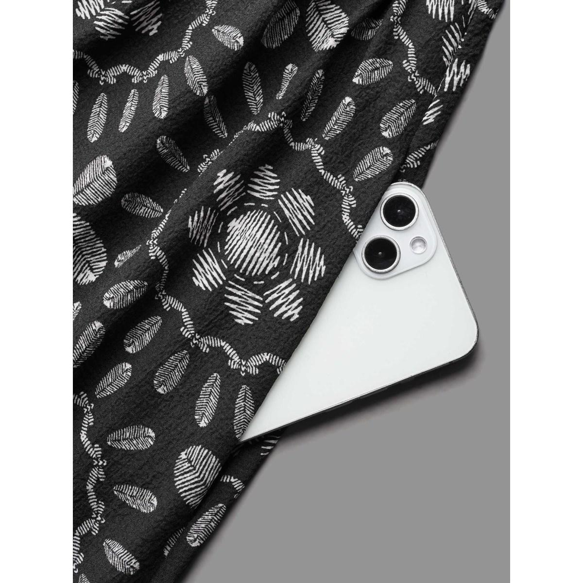 Plus Size Notched Collar Print Tiered Midi Dress Black Women Resort Non Flat collar with V-notch Elbow-length sleeve Curvy BloomChic 26/4X Product Image