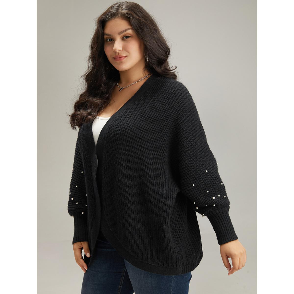 Plus Size Patchwork Pearl Beaded Curved Hem Cardigan Black Women Casual Loose Long Sleeve Dailywear Cardigans BloomChic 18-20/2X Product Image