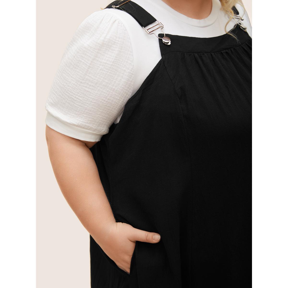 Plus Size Cotton Solid Adjustable Straps Pocket Midi Dress Black Women Leisure Gathered Non Sleeveless Curvy BloomChic 18-20/2X Product Image