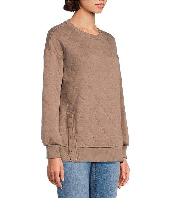 Westbound Petite Size Crew Neck Button Detail Long Sleeve Quilted Pullover Product Image