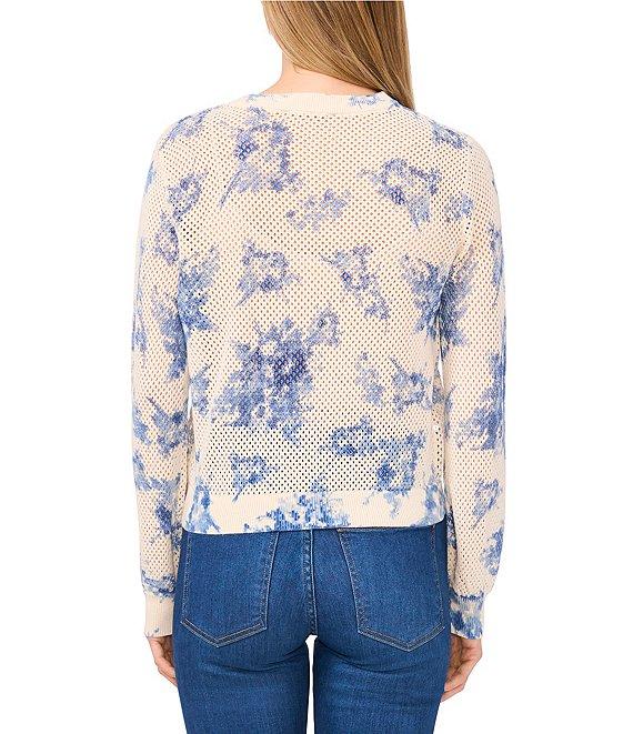 CeCe Sequin Floral Print Crew Neck Long Sleeve Button Front Cardigan Product Image