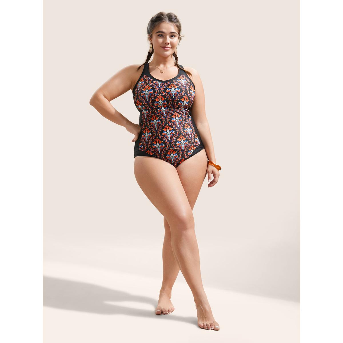 Plus Size Patchwork Boho Print Adjustable Straps One Piece Swimsuit Women's Swimwear Black Beach Non Curve Bathing Suits High stretch One Pieces BloomChic 18-20/2X Product Image