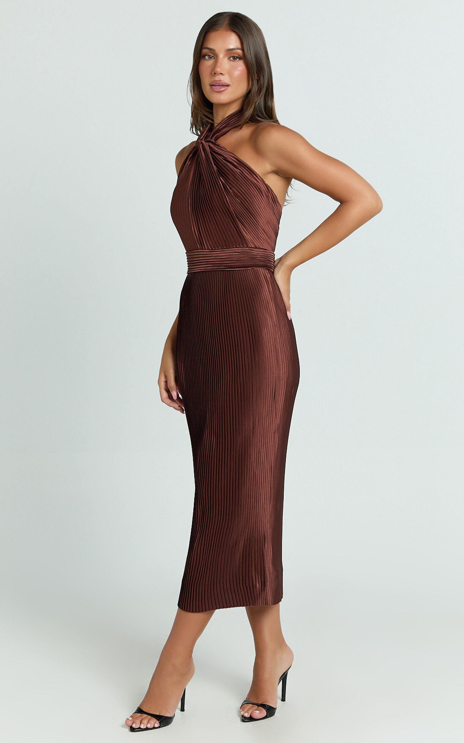 Marlette Midi Dress - Pleated Open Back Halter Dress in Chocolate Product Image