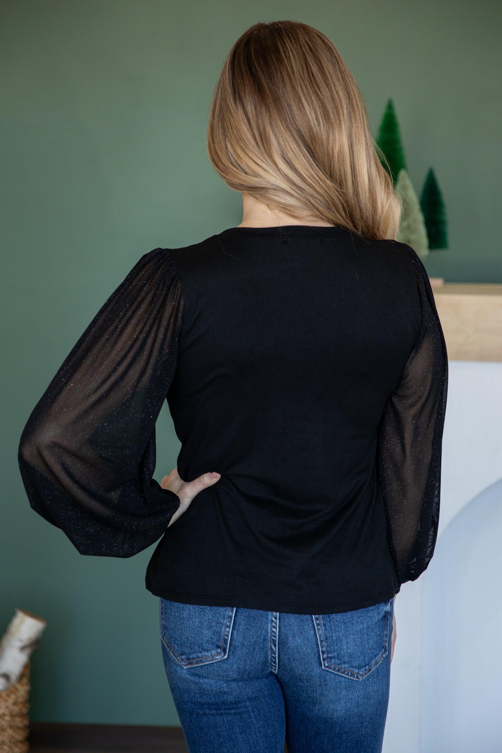 Black Mesh Balloon Sleeve Top With Lurex Product Image