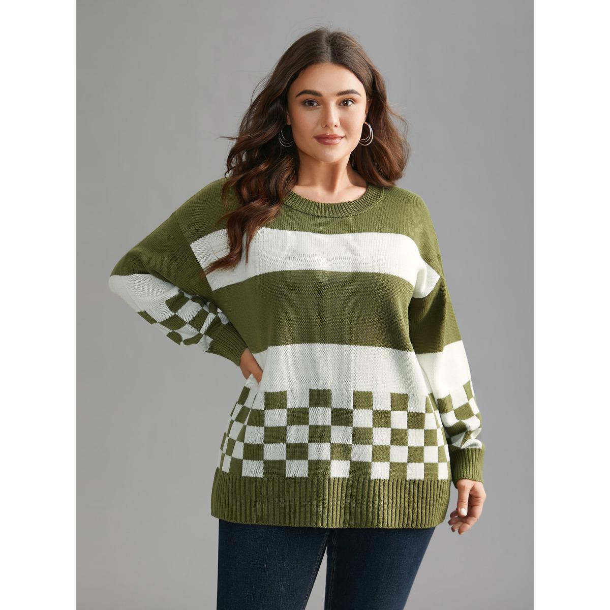 Plus Size Colorblock Contrast Round Neck Split Hem Pullover Moss Women Casual Loose Long Sleeve Round Neck Everyday Pullovers BloomChic 14-16/1X Product Image