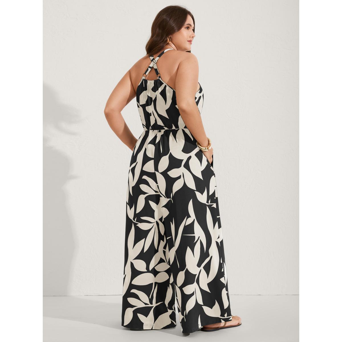 Plus Size Black Silhouette Floral Print Sweetheart Jumpsuit Women Resort Sleeveless V-neck Vacation Loose Jumpsuits BloomChic 18-20/2X Product Image