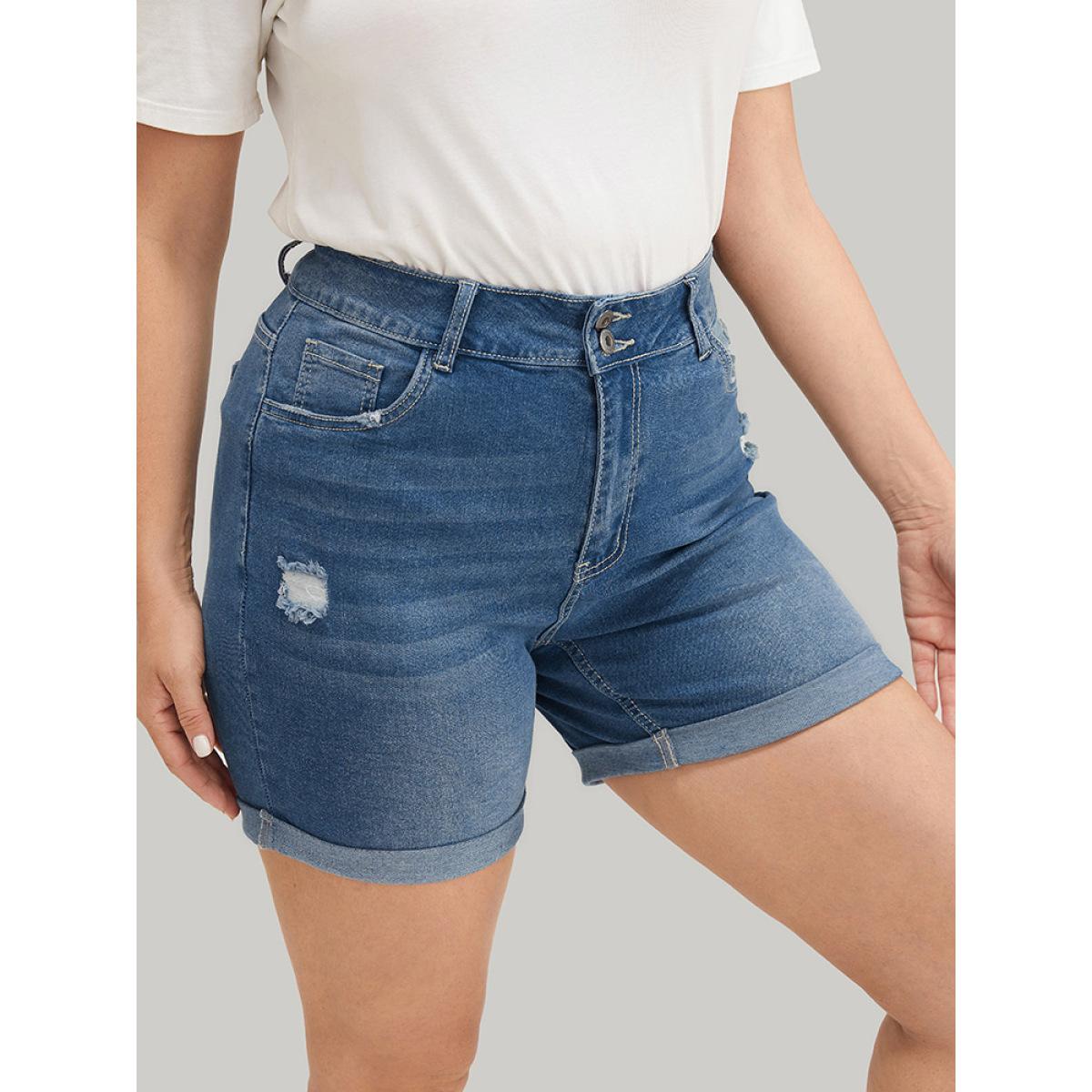 Plus Size Moderately Stretchy High Rise Roll Hem Single Breasted Jeans Women Blue Casual Plain Medium stretch Pocket Jeans BloomChic 10/M Product Image